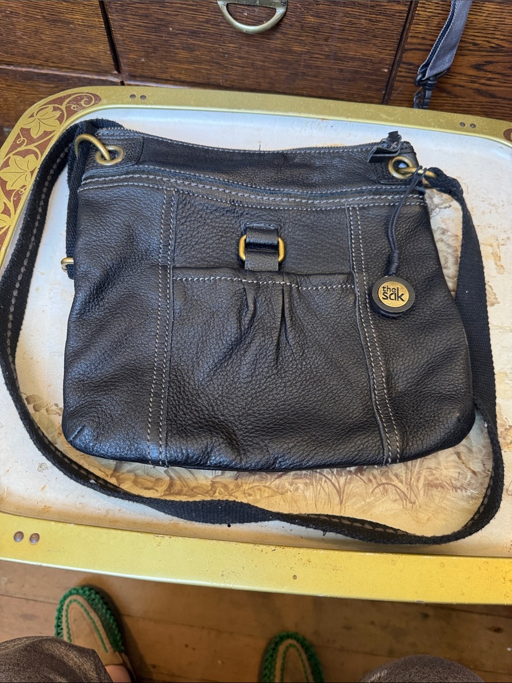 The Sak Black Pebbled Leather Crossbody with Brass Accents